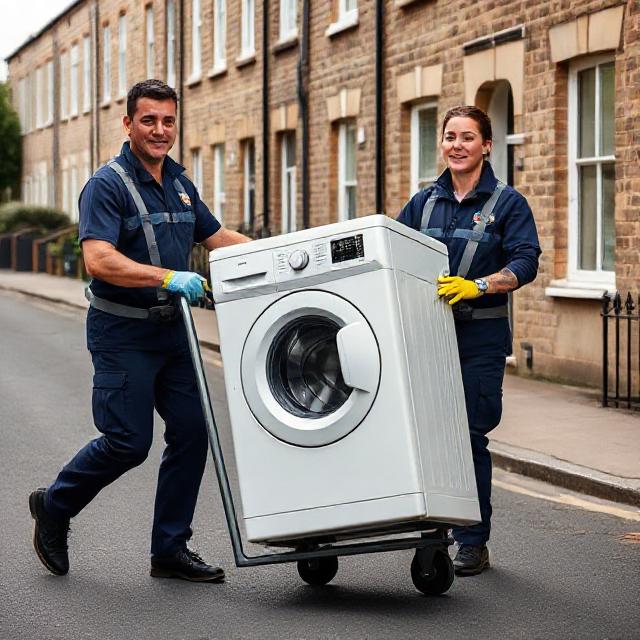HDG two-man delivery team moving a washing machine on a dolly in a UK residential street