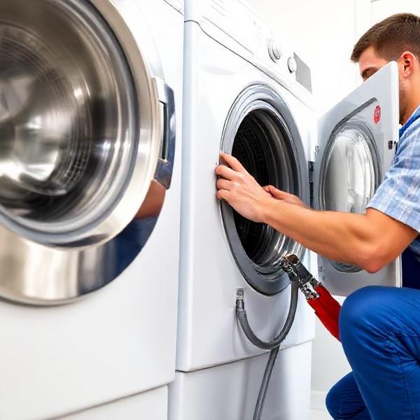 Technician leveling and connecting a washing machine in a bright utility room
