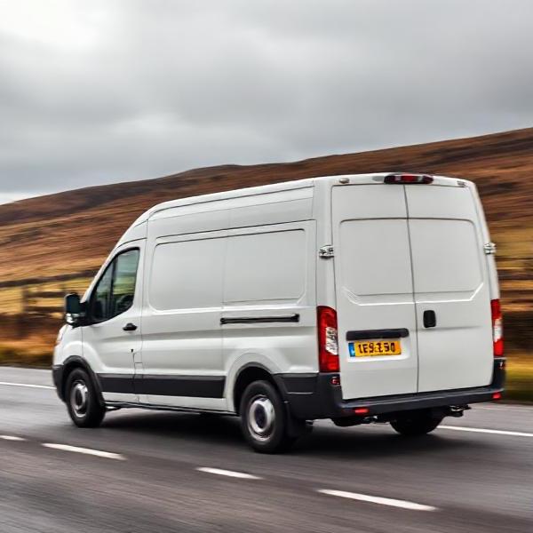 Modern delivery van in motion on a rural Northern England/Scotland road