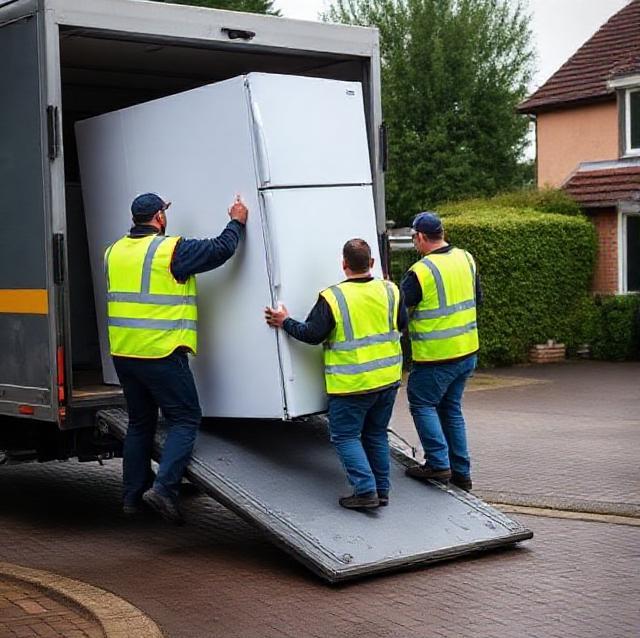 Crew loading an old refrigerator for responsible recycling on a UK driveway